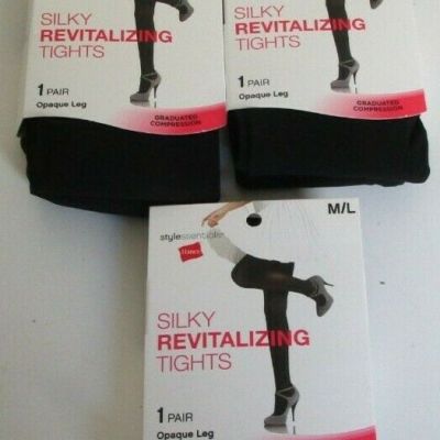 Three Pair Hanes Silky Revitalizing Opaque Tights Size M/L 40 Denier Black
